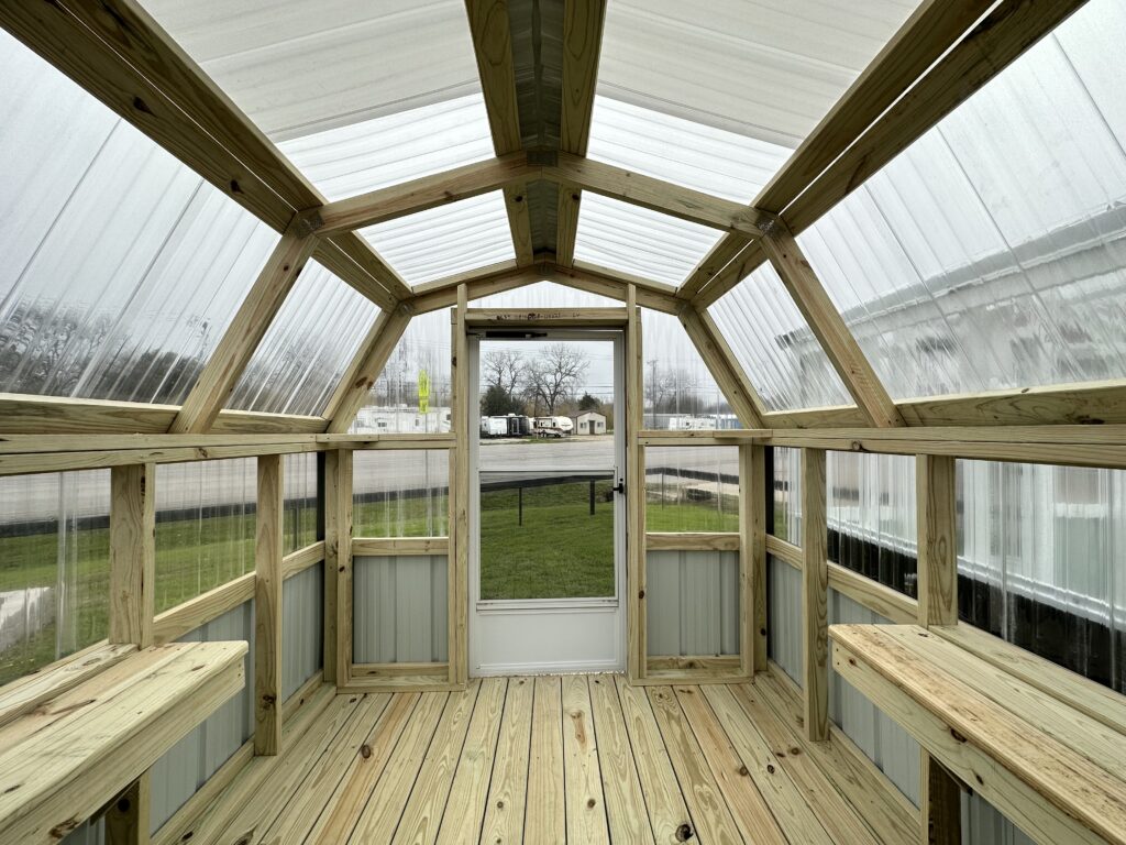 view of the front wall standing inside the 8x10 gambrel greenhouse