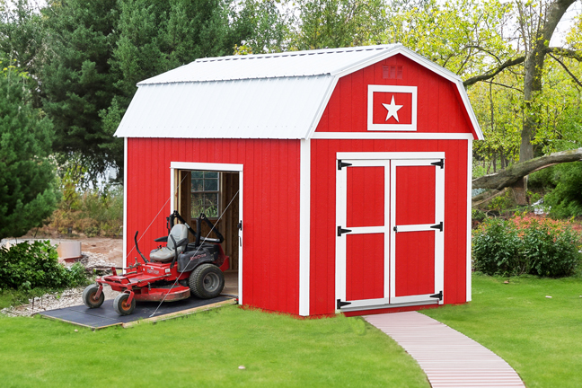 Farm-and-Yard-Central-Texas-Lelands-Painted-Lofted-Barn-Side-Entry-Shed, tiny home shell, garden shed, lawn mower storage