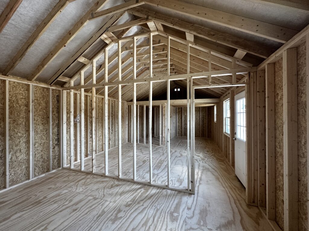 wall framing inside the 16x32 Chalet Tiny Home Shell 